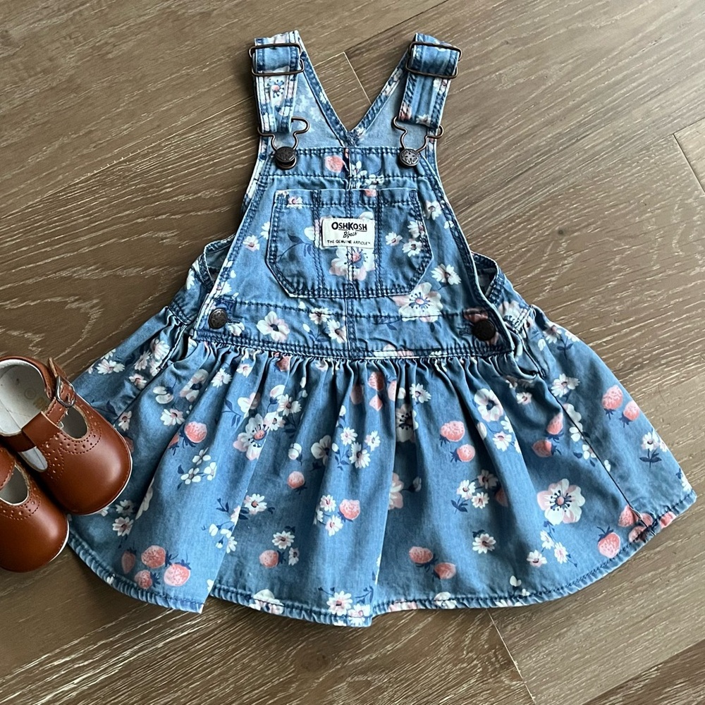 OshKosh B'gosh Vintage Floral Strawberry Denim Jumper Overall Dress Size 12M